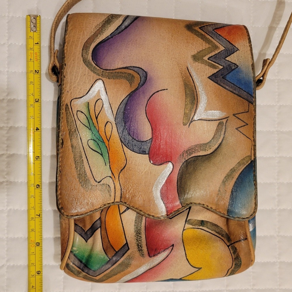 VTG Unique Hand Painted Abstract Art Leather‎ Crossbody Purse Tan Strap 70s 80s - Picture 10 of 10